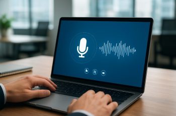 A close-up of a laptop screen showing a microphone icon and soundwave visualization with a hand on the keyboard, in a mo