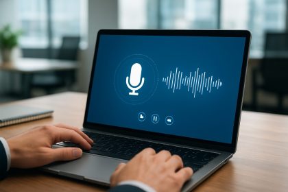 A close-up of a laptop screen showing a microphone icon and soundwave visualization with a hand on the keyboard, in a mo