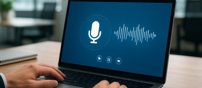 A close-up of a laptop screen showing a microphone icon and soundwave visualization with a hand on the keyboard, in a mo