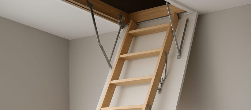 A wooden loft ladder extending from a ceiling hatch into a minimalist room