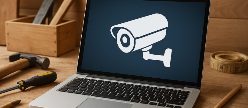 Laptop displaying a security camera icon on a wooden desk with tools